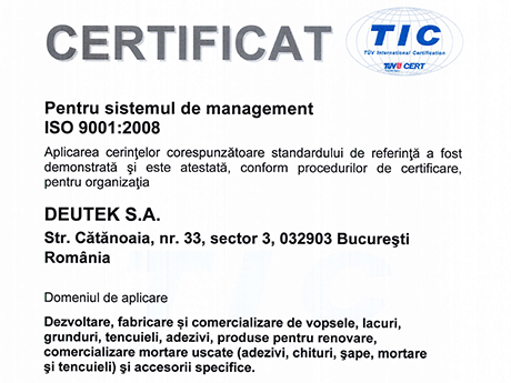 Certificat Pentru sistemul de management ISO 9001:2008